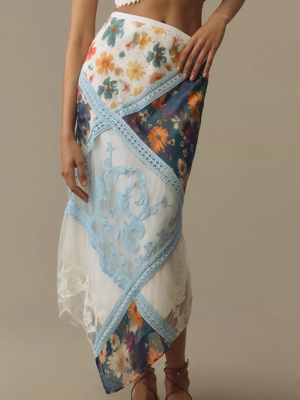 ANTHROPOLOGIE Italian Summer Patchwork Scarf Floral Lace High Waisted Midi Skirt - Picture 6 of 10